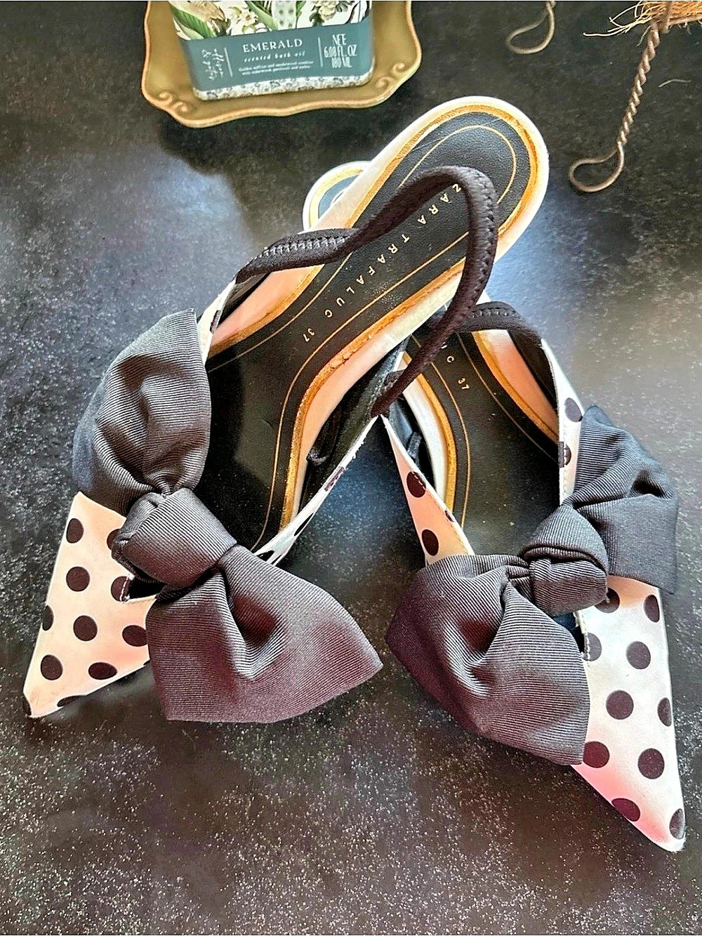 Zara Trafaluc Polka Dot Bow Slingback Kitten Heels